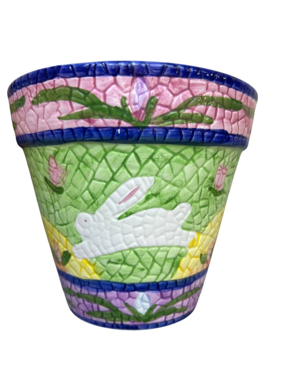 Colorful Mosaic Easter Ceramic Bunny Spring Flower Pots Set Of 2 Holiday Decor